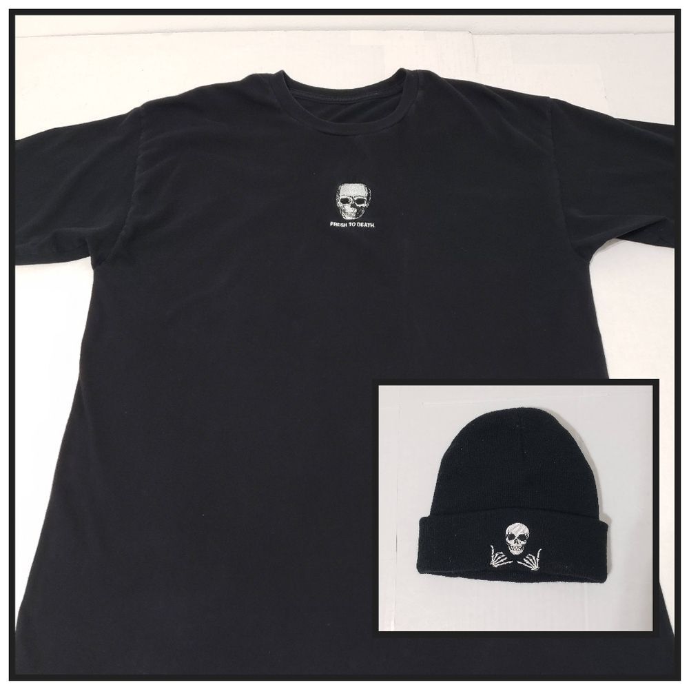 Fresh to Death Skull Embroidered T-Shirt & Beenie Men's Large Black 100% Cotton